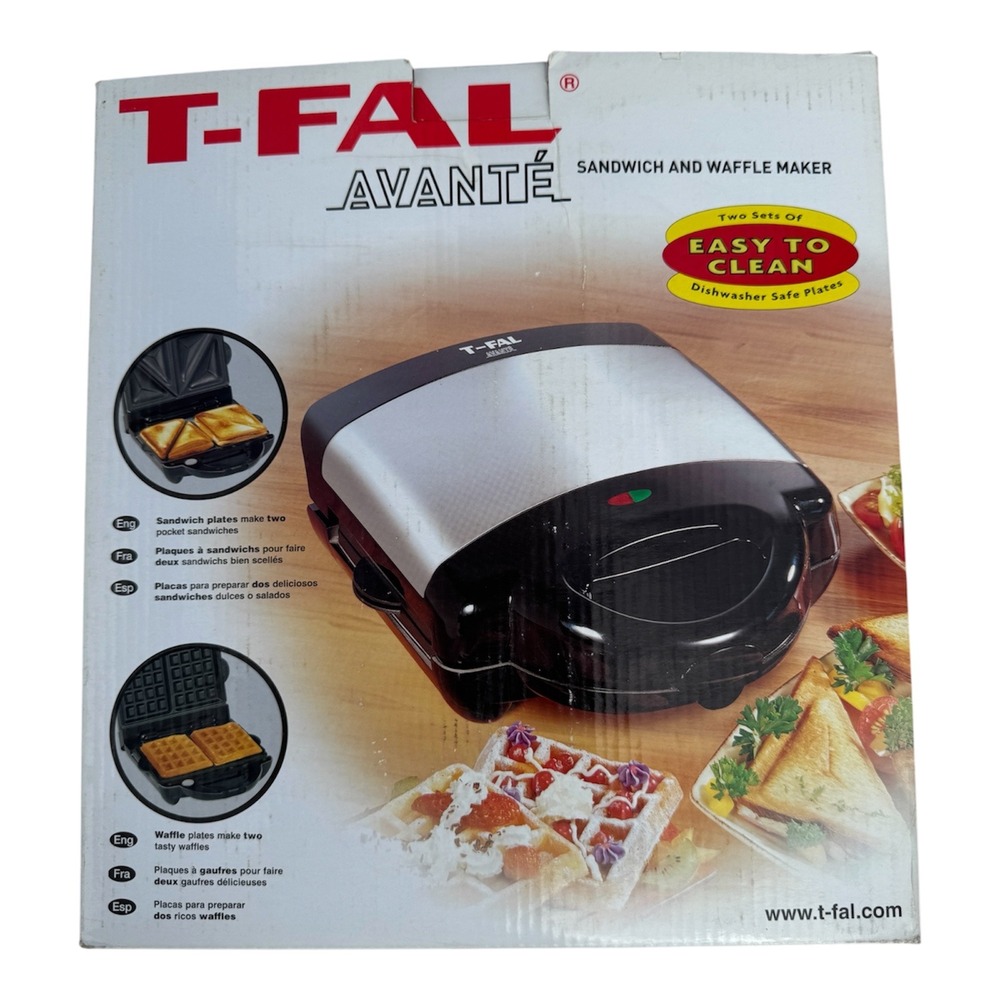 T-FAL Avante Sandwich and Waffle Maker Black Silver SM601003 New in Box